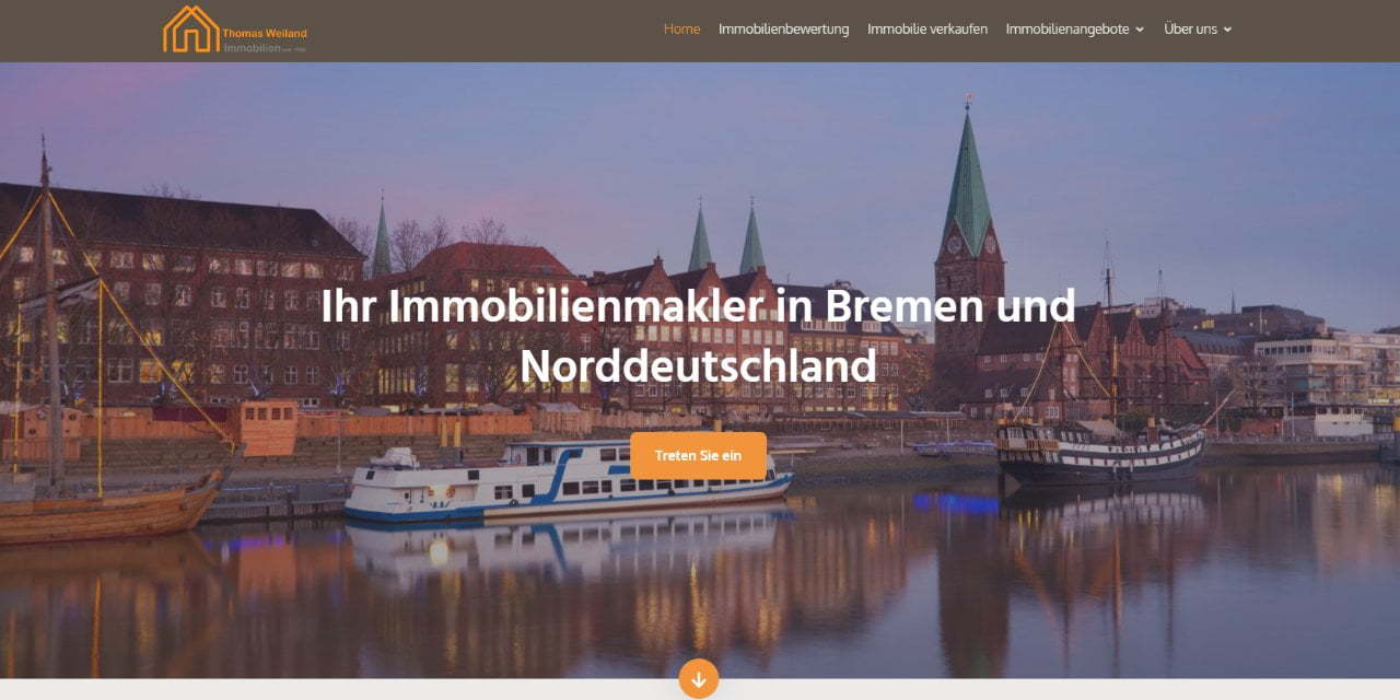Screenshot der Webseite von Weiland Immobilien Bremen wegen Referenz Webseite Klicklounge Webdesign