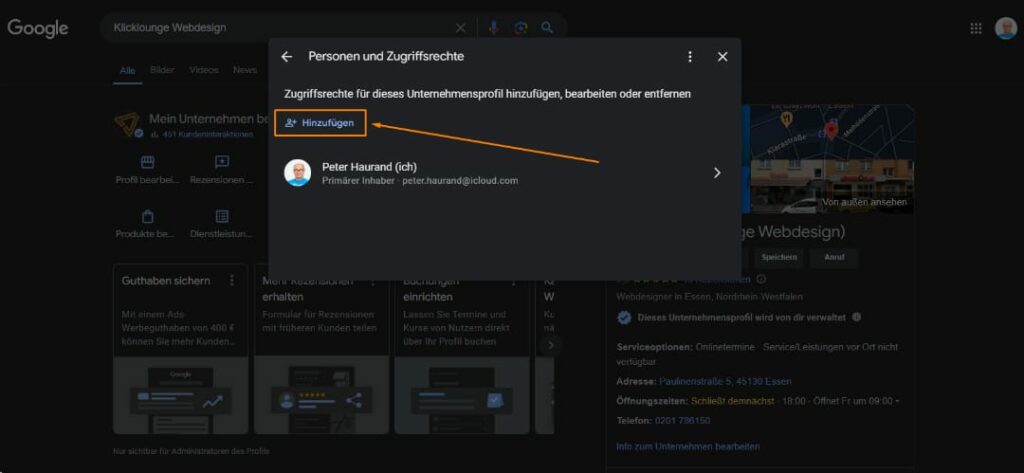 Screenshot über das Hinzufügen von Personen im Google Unternehmensprofil