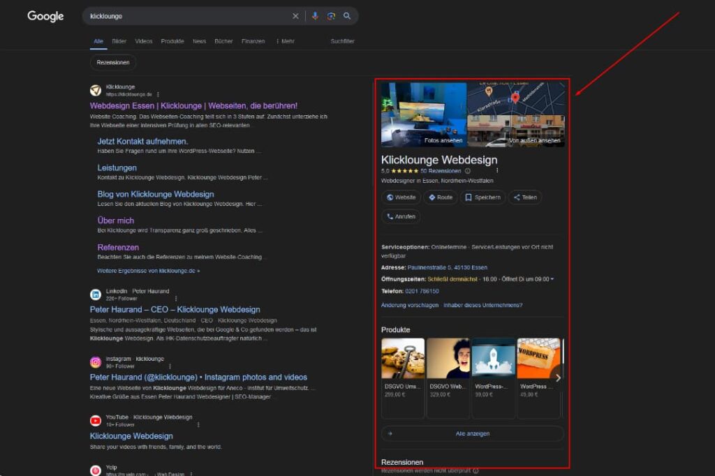 Screenshot vom Google Unternehmensprofil Klicklounge Webdesign aus Essen