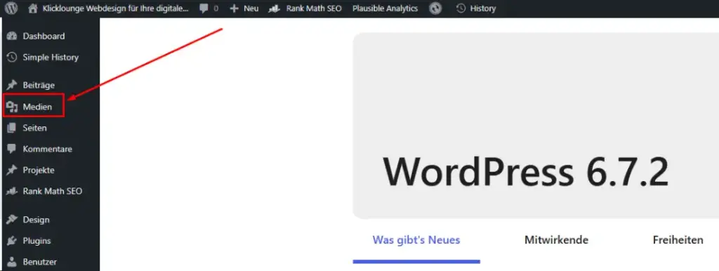 Screenshot vom WordPress-Backend zeigt, wo die Medien zu finden sind