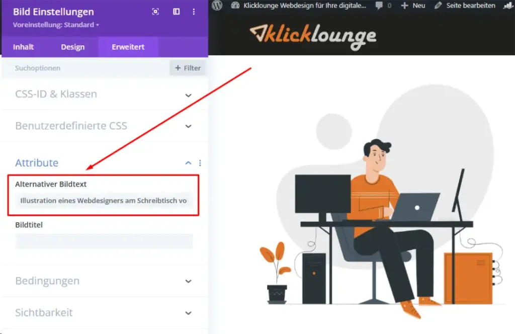 Screenshot zeigt, wo man beim Divi-Bildmodul den Alternativ-Text einfügt