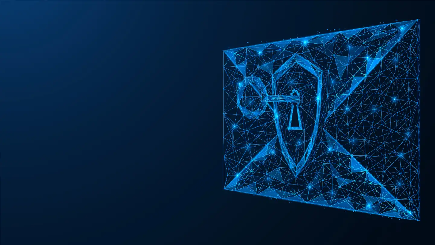 Dunkelblaue Grafik mit einem Schloss und Schlüssel