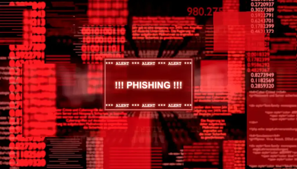 Desktop-Ansicht mit roten Daten und einem Warnschild mit "Pishing"