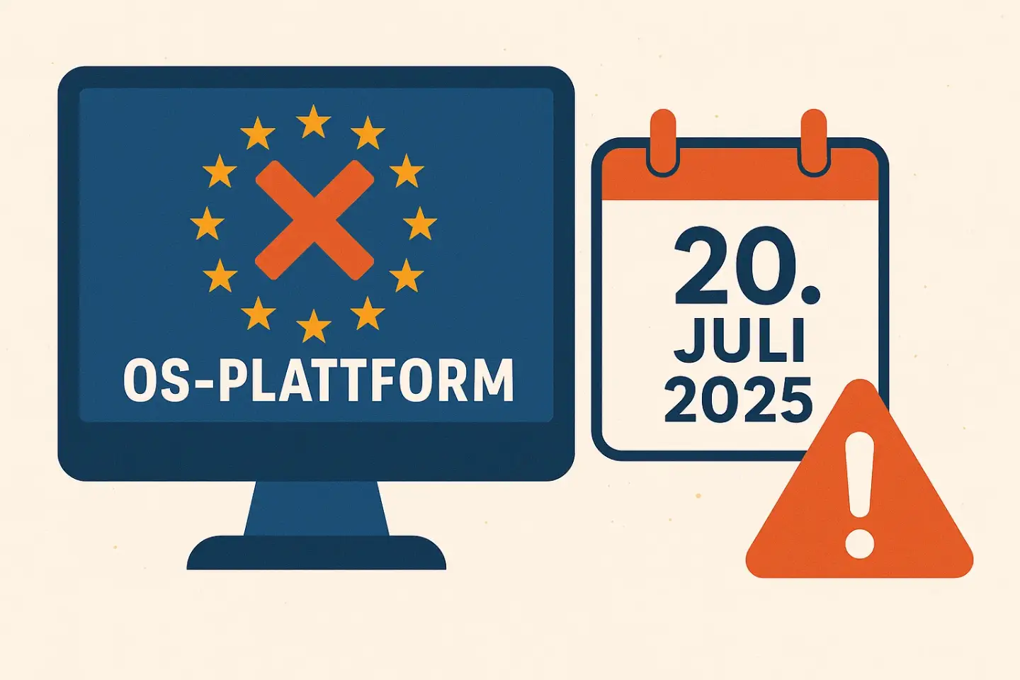 Stilisierter Computerbildschirm mit EU-Flagge, darauf ein rotes „X“ über dem Text „OS-Plattform“, daneben ein Kalender mit dem markierten Datum „20. Juli 2025“ und ein Warnhinweis.