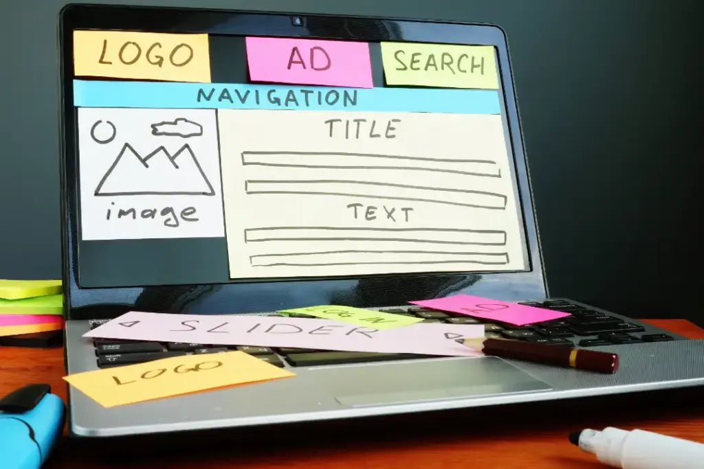 Labtop steht auf einem Schreibtisch. Auf dem Monitor sind verschiedene Postits für eine Websitestruktur.