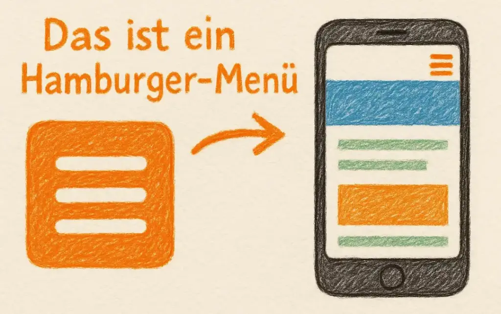 Zeichnung eines Smartphones, in der das Hamburger Menü gezeigt wird.