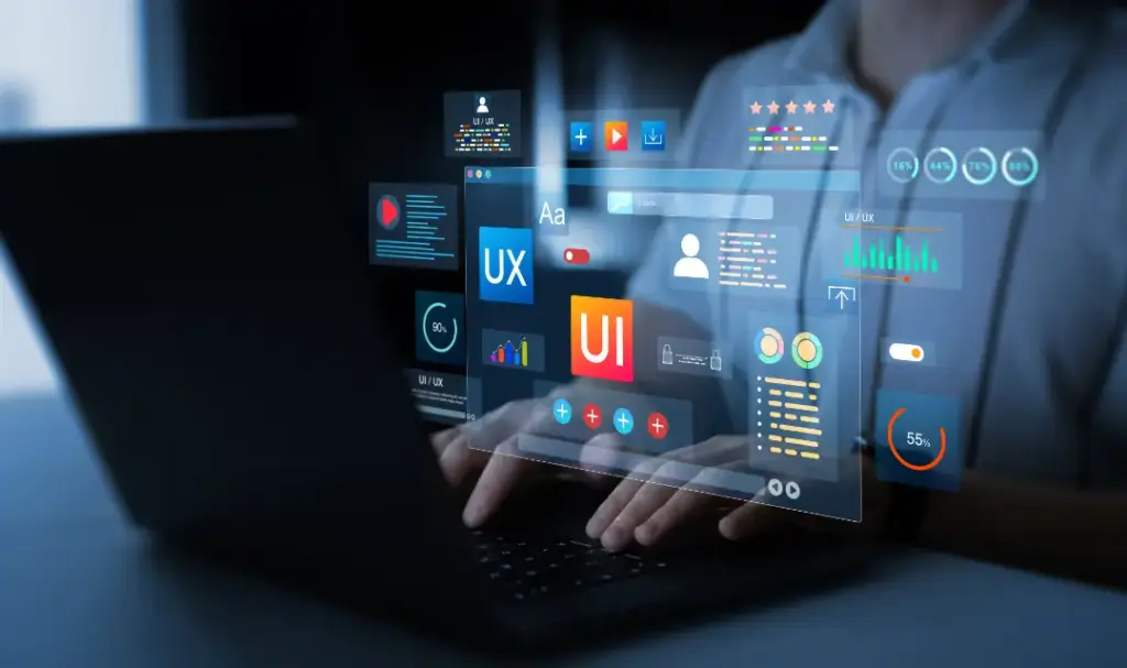 Die Erstellung einer Website am Laptop wird mit verschiedenen Webdesign Elementen visuell dargestellt.