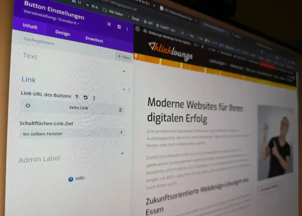 Bei WordPress ist ein Button geöffnet, bei dem sich die Link-URL und das Schaltflächen-Link-Ziel eintragen lassen