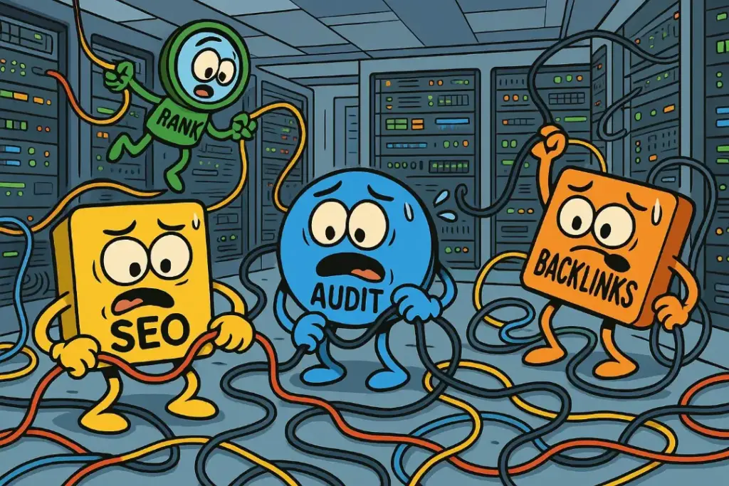 Technische SEO-Maßnahmen als gestresste Comicfiguren entwirren Kabel von Servern, die im Hintergrund sind
