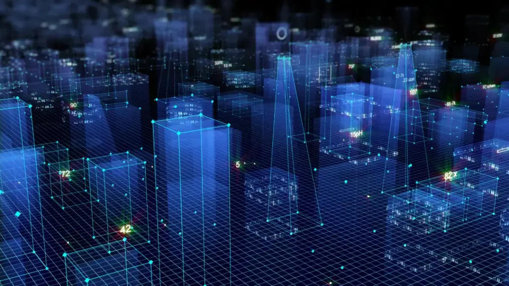 Digitales  Bild mit transparenten Gebäuden, Datenpunkten und Netzlinien als Symbol für technisches SEO und Vernetzung.