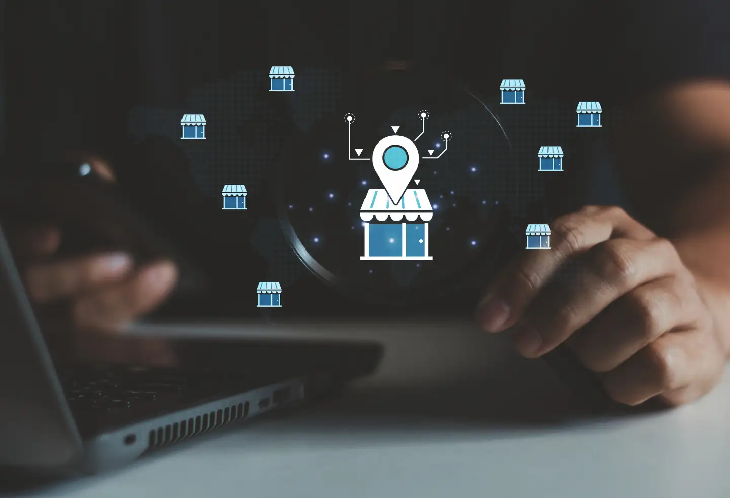 Ein Standortsymbol hebt ein virtuelles Geschäftssymbol hervor, andere treten in den Hintergrund.
